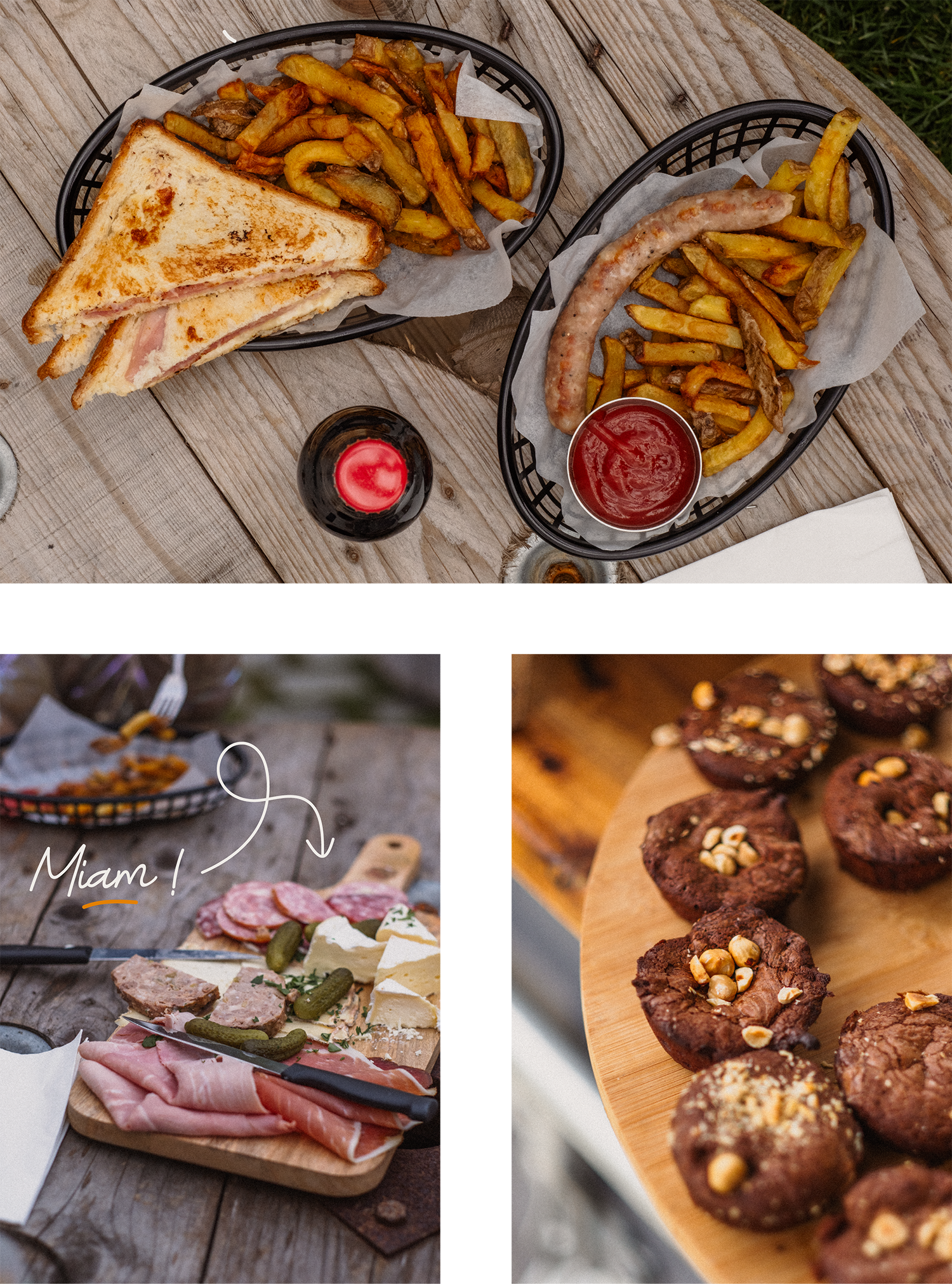 Images d'une planche de charcuterie, de gateaux maison au chocolat et de menus enfants