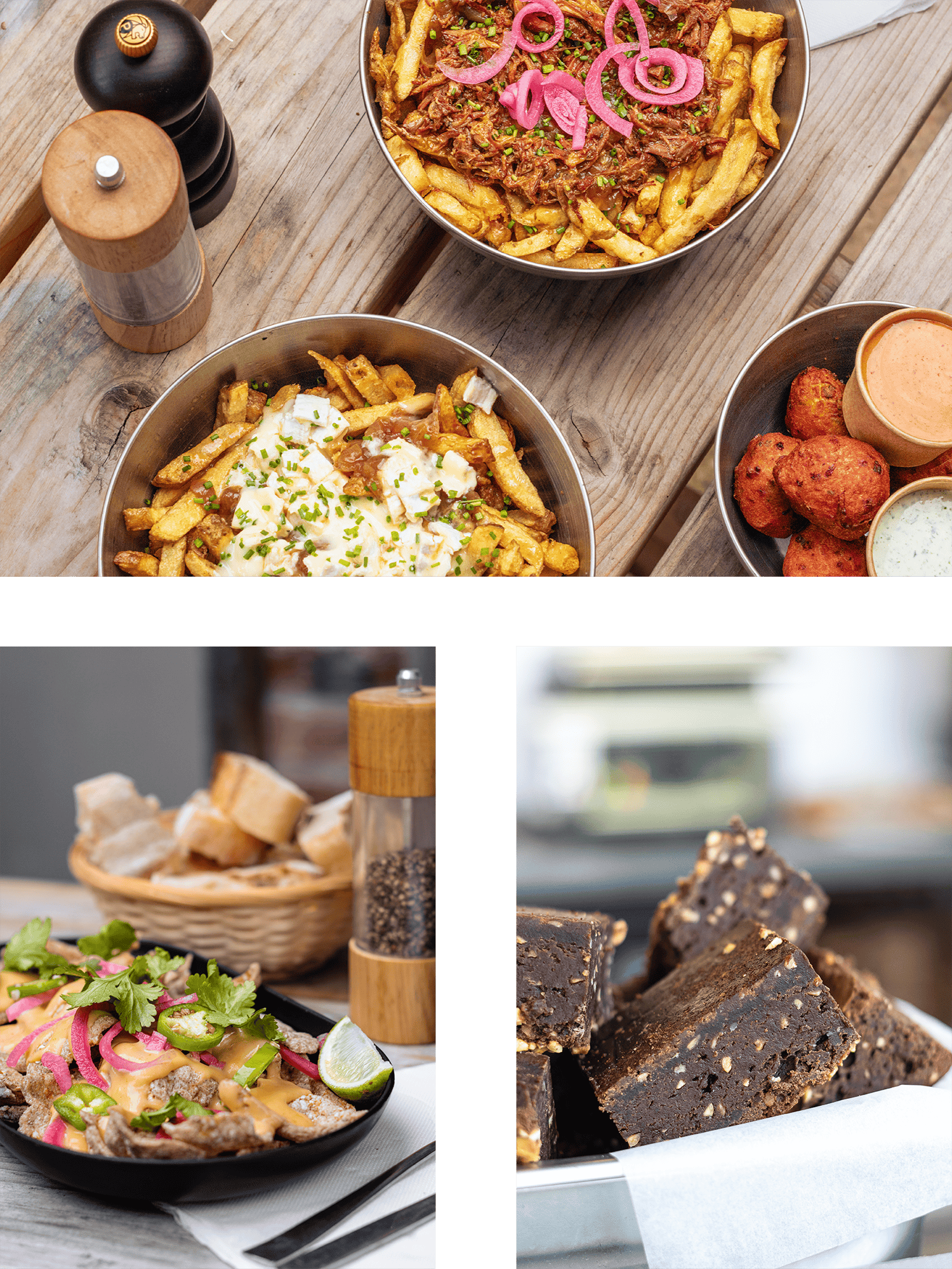 Images de frites, de gateaux maison au chocolat et de nachos